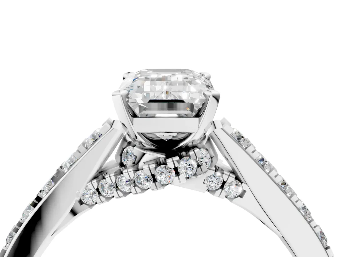 Emerald Cut Diamond Solitaire Ring with Crossover Gallery and Round Pavé Band Platinum