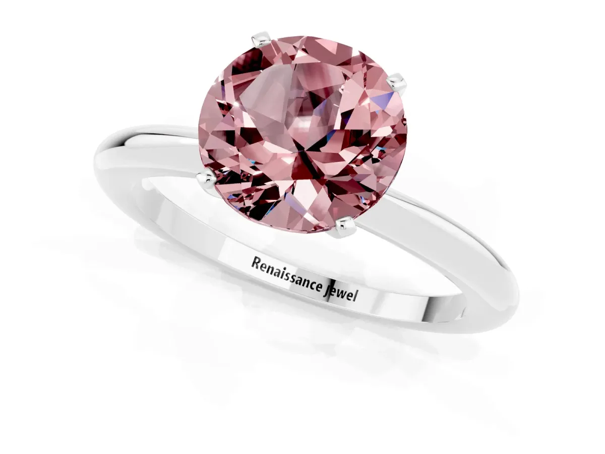 Round Cut Morganite Solitaire Ring with Six-Prong Setting and Classic Band Platinum