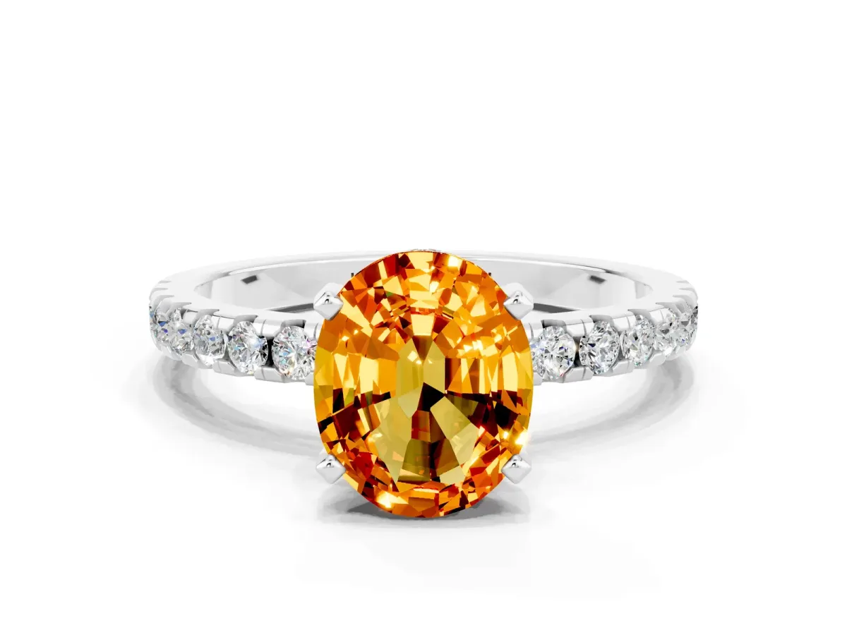 Oval Cut Citrine Solitaire Ring with Round Pavé Band and Four-Prong Setting Silver
