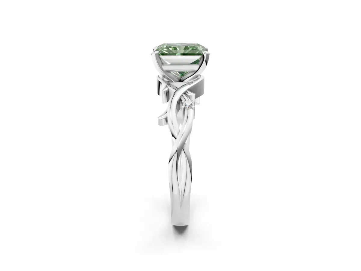 Fancy Green Radiant Cut Diamond Solitaire Ring with Twisted Band and Prong Setting Silver