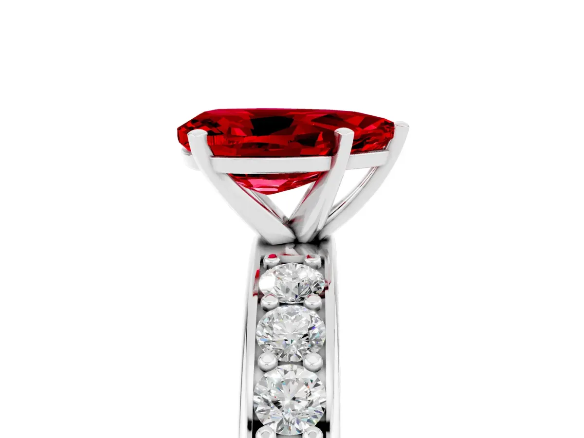 Pear Cut Ruby Engagement Ring with Channel Set Round Band and Prong Setting White gold