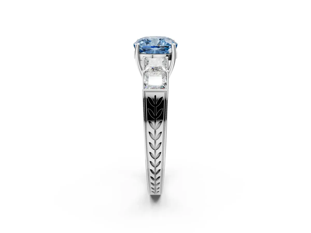 Fancy Blue Cushion Cut Solitaire Princess Side Stone Engraved Band Prong Setting Ring Platinum