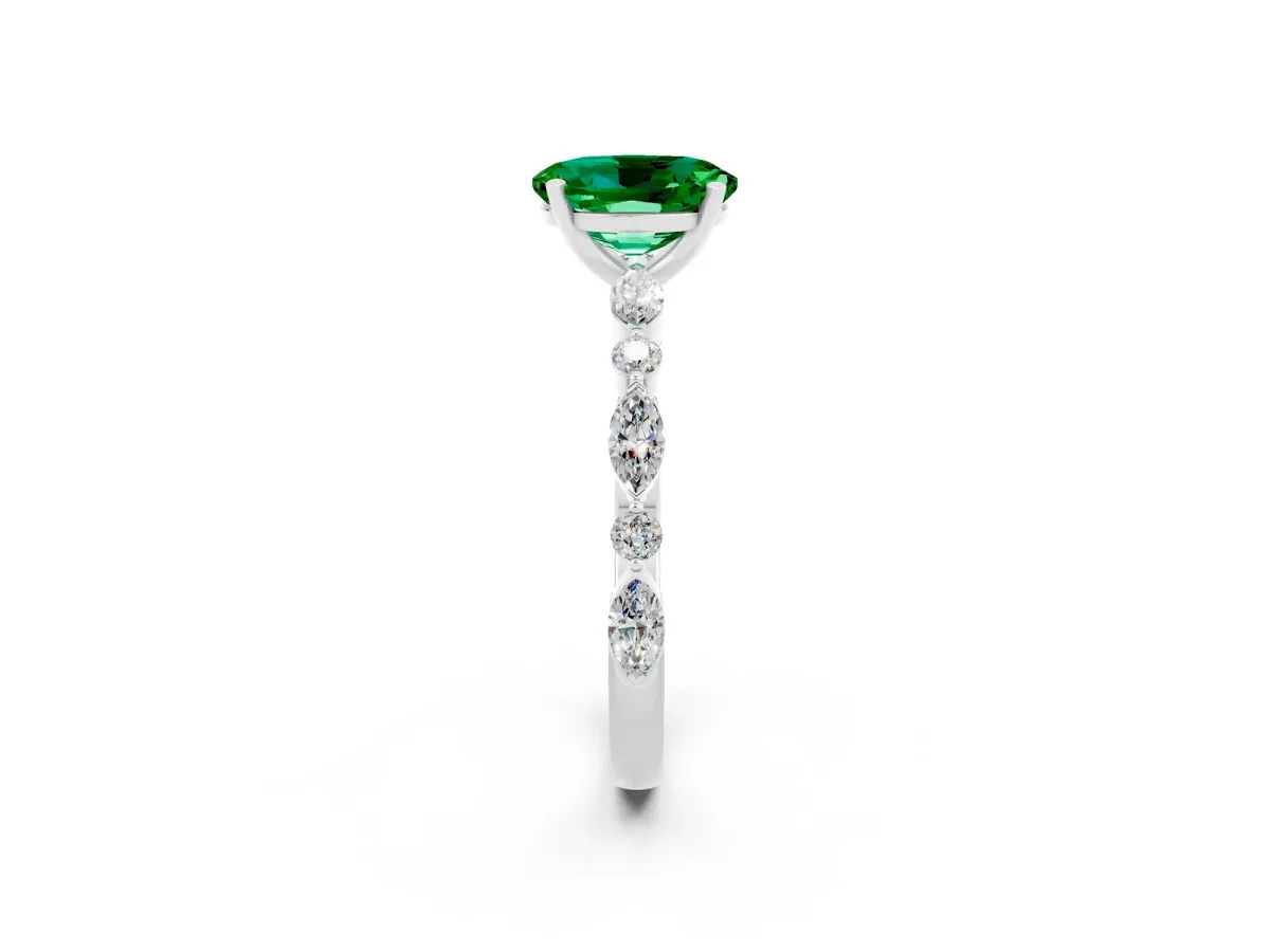 Oval Cut Emerald Ring with Marquise and Round Side Stones and Four-Prong Setting Silver