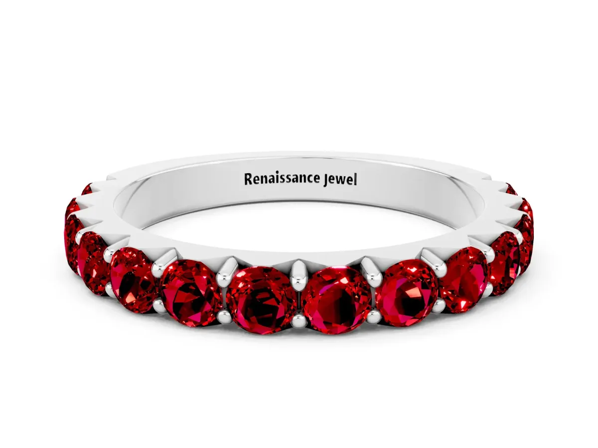 Round Ruby Half Eternity Band with Classic Prong Setting Platinum