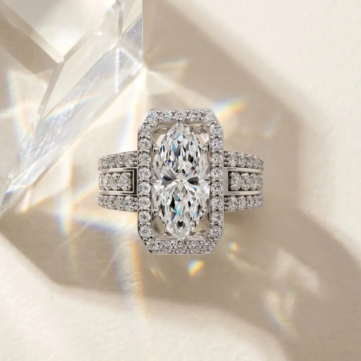 Marquise Cut Halo Diamond Ring with Round Split Shank and Prong Setting White gold