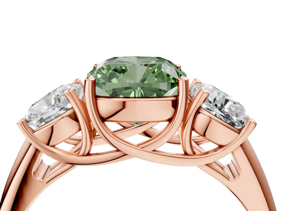 Fancy Green Three-Stone Cushion Cut Diamond Engagement Ring with Prong Setting Rose gold
