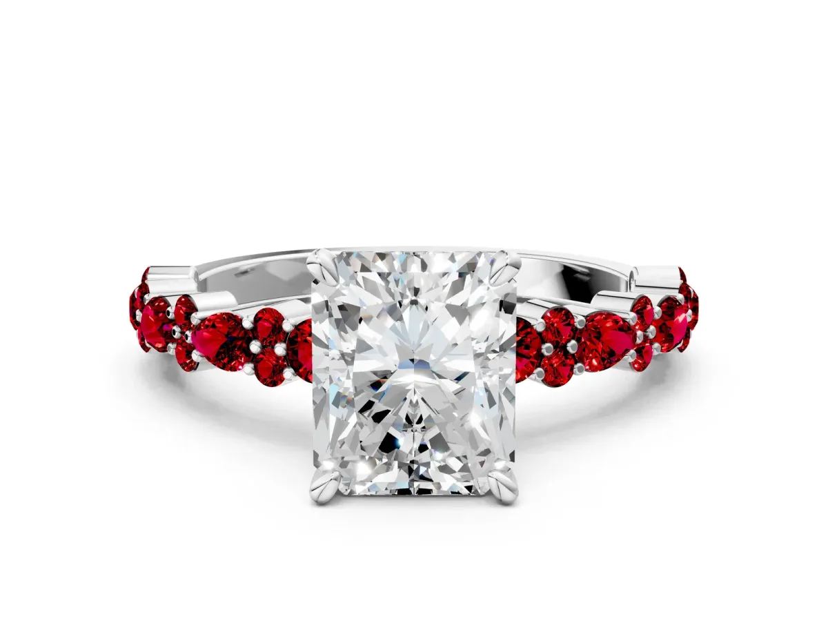 Radiant Cut Diamond Side Stone Solitaire Ring with Round Ruby and Four-Prong Setting Platinum