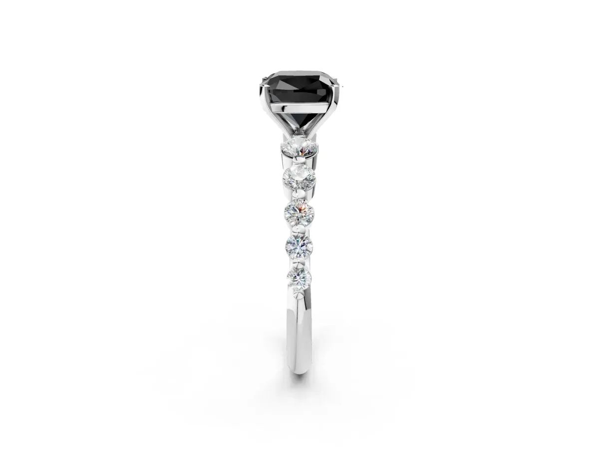 Fancy Black Cushion Cut Solitaire Diamond Ring with Pave Band and Four-Prong Setting Silver