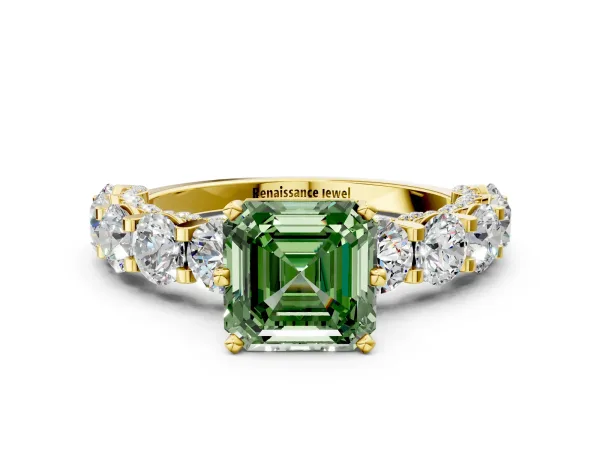 Fancy Green Asscher Cut Diamond Side Stone Engagement Ring with Four-Prong Setting Yellow gold