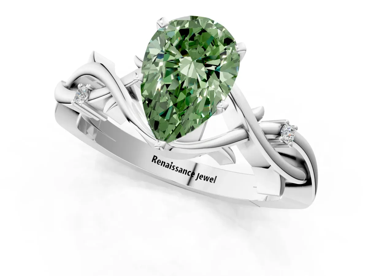 Fancy Green Pear Cut Diamond Solitaire Ring with Twisted Band and Prong Setting Silver