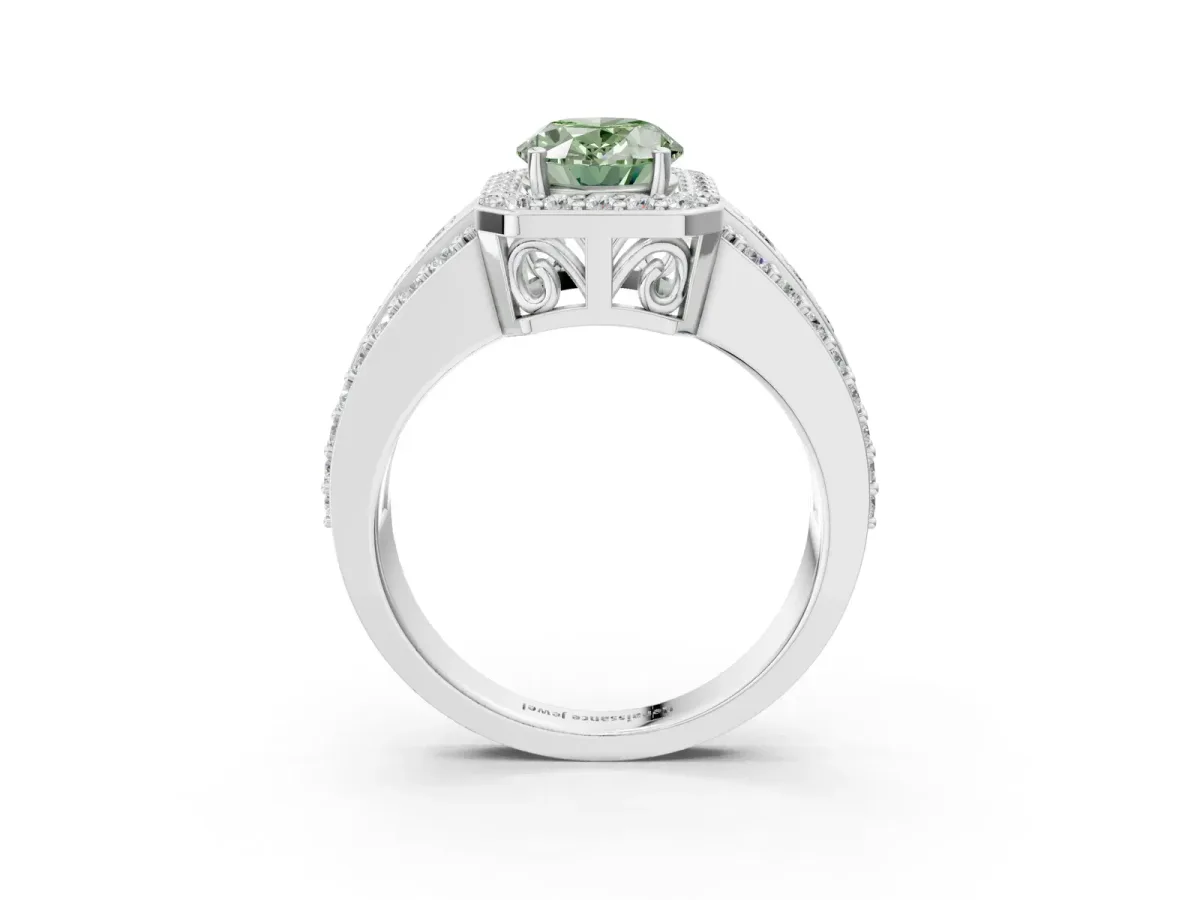 Fancy Green Oval Cut Halo Diamond Ring with Round Split Shank and Prong Setting Silver