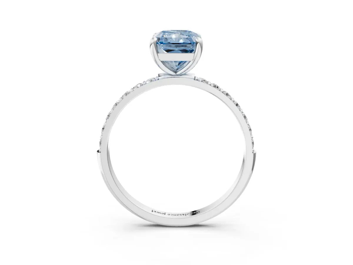 Fancy Blue Radiant Cut Diamond Solitaire Ring with Round Pavé Band and Prong Setting Silver