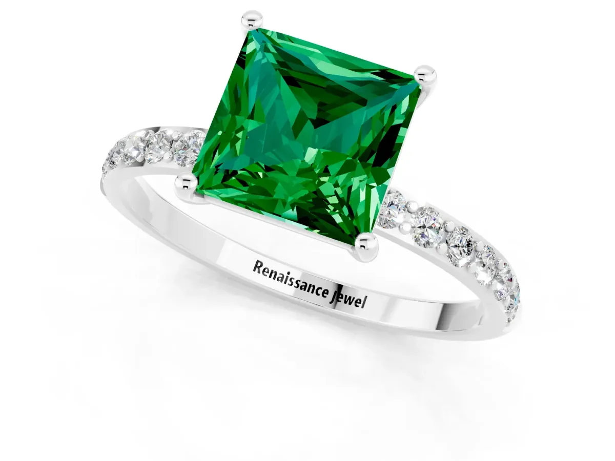 Princess Cut Emerald Solitaire Ring with Round Pavé Band and Prong Setting Platinum
