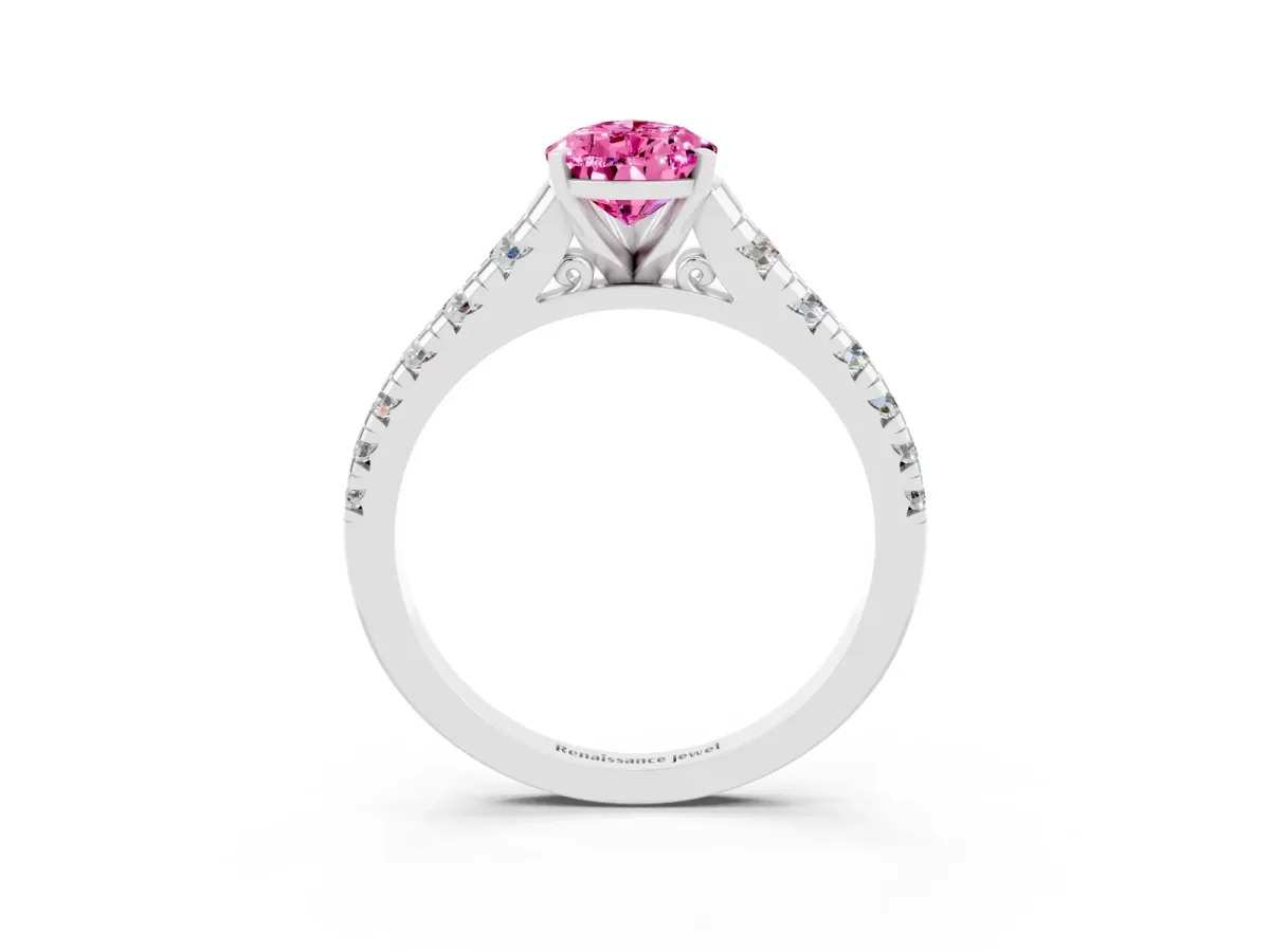 Pear Cut Pink Sapphire Cathedral Solitaire Ring with Round Pavé Band Silver
