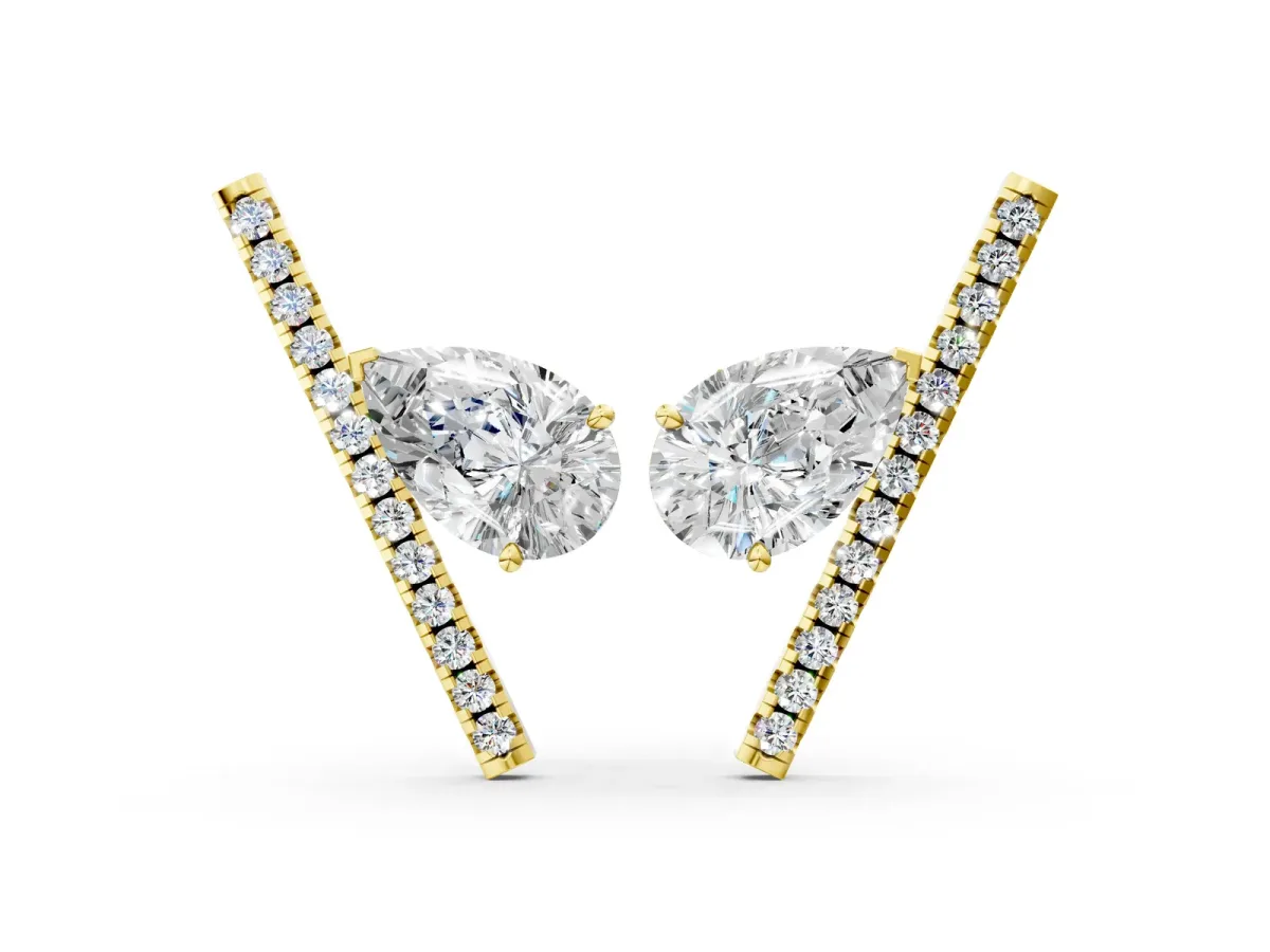 Pear Diamond Stud Earrings with Round Micro Pavé Bar Yellow gold