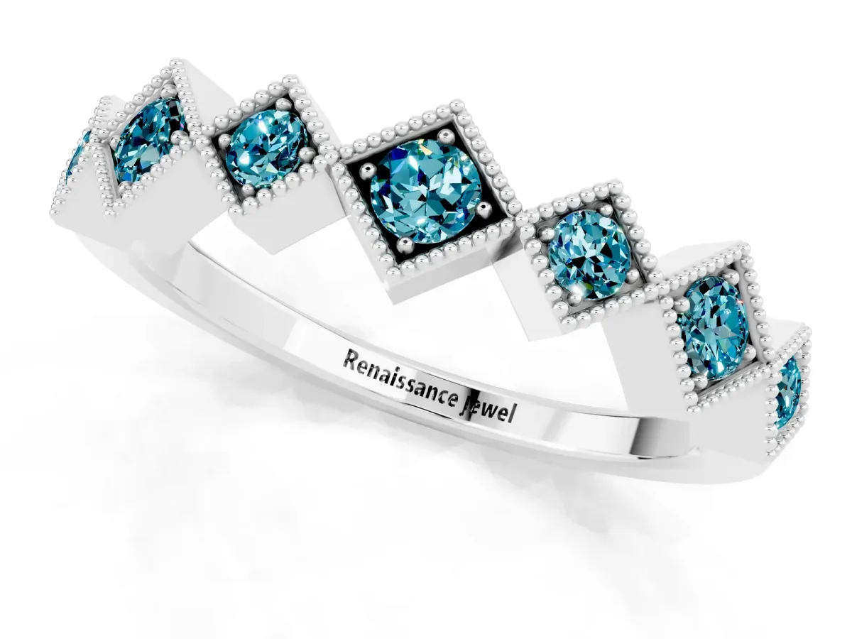 Milgrain Square Bezel Round Blue Topaz Chevron Band White gold