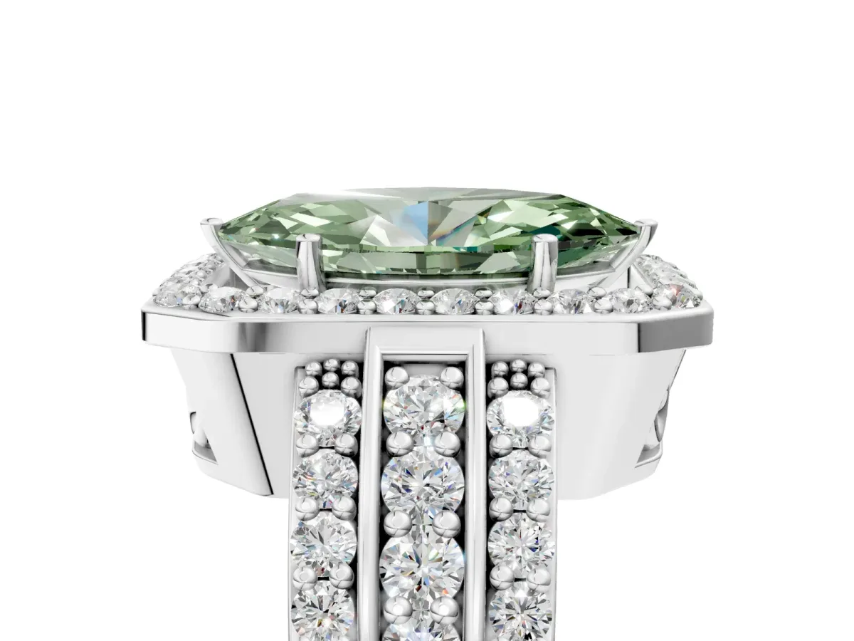 Fancy Green Marquise Cut Halo Diamond Ring with Round Split Shank and Prong Setting Platinum