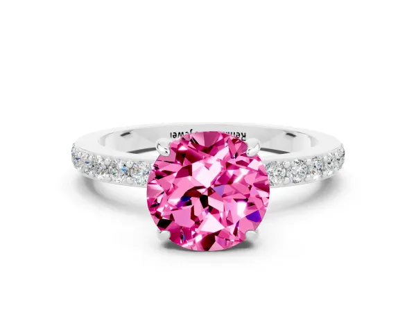 Round Cut Pink Sapphire Solitaire Engagement Ring with Pavé Band and Four-Prong Setting Platinum