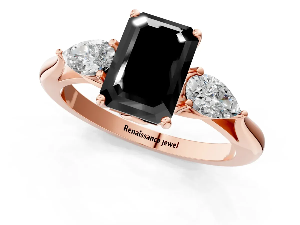 Fancy Black Emerald Cut Diamond Three-Stone Ring with Pear Side Stones and Prong Setting Rose gold