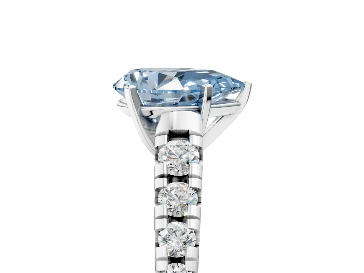 Fancy Blue Pear Cut Diamond Cathedral Solitaire Ring with Round Pavé Band Platinum