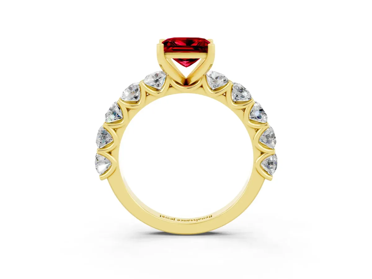 Princess Cut Ruby Prong Setting with Side Stones on a Pave Band Yellow gold