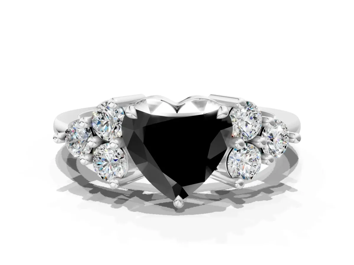 Fancy Black Heart Cut Brilliant Diamond Cluster Accent Solitaire Ring with Prong Setting Platinum