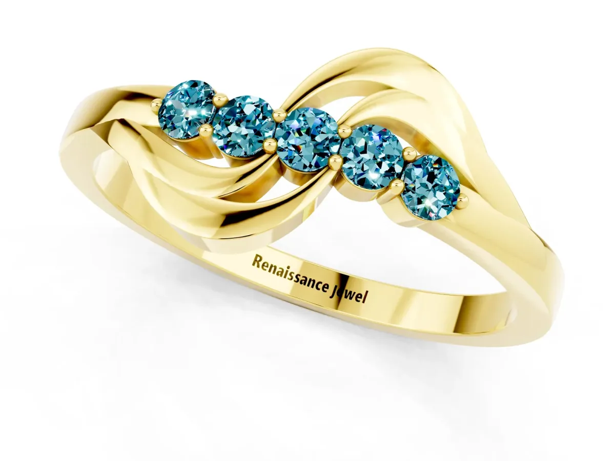 Five-Stone Round Blue Topaz Crossover Band with Prong Setting Yellow gold