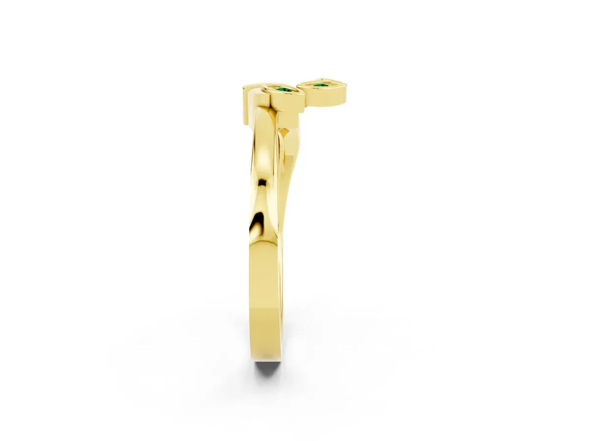 Three-Stone Round Emerald Leaf Bypass Ring with Bezel Setting Yellow gold