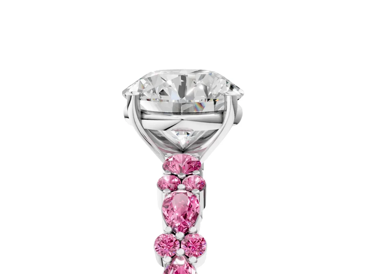 Round Cut Diamond Side Stone Solitaire Ring with Round Pink Sapphire and Four-Prong Setting Silver