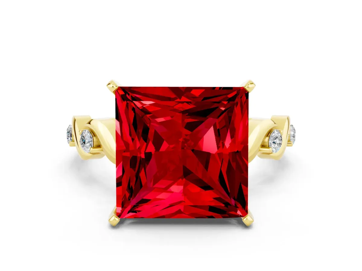 Princess Cut Ruby Solitaire Twisted Band with Round Accents and Prong Setting Yellow gold