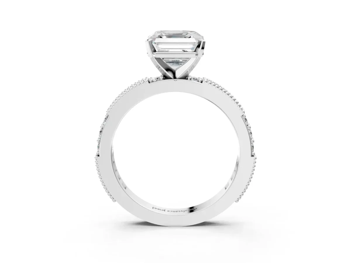 Asscher Cut Solitaire with Pavé Band and Four-Prong Setting Silver