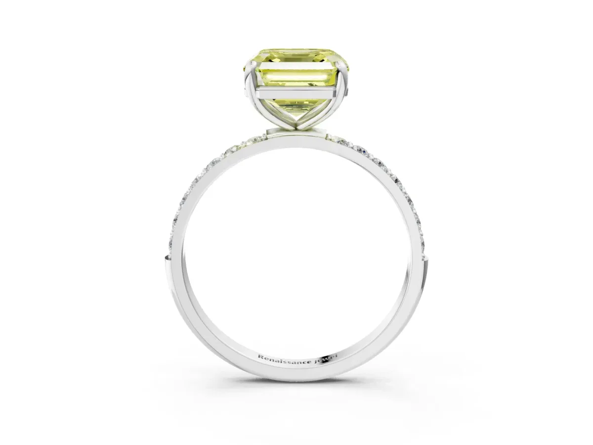 Fancy Yellow Asscher Cut Diamond Solitaire Ring with Round Pavé Band and Prong Setting Silver