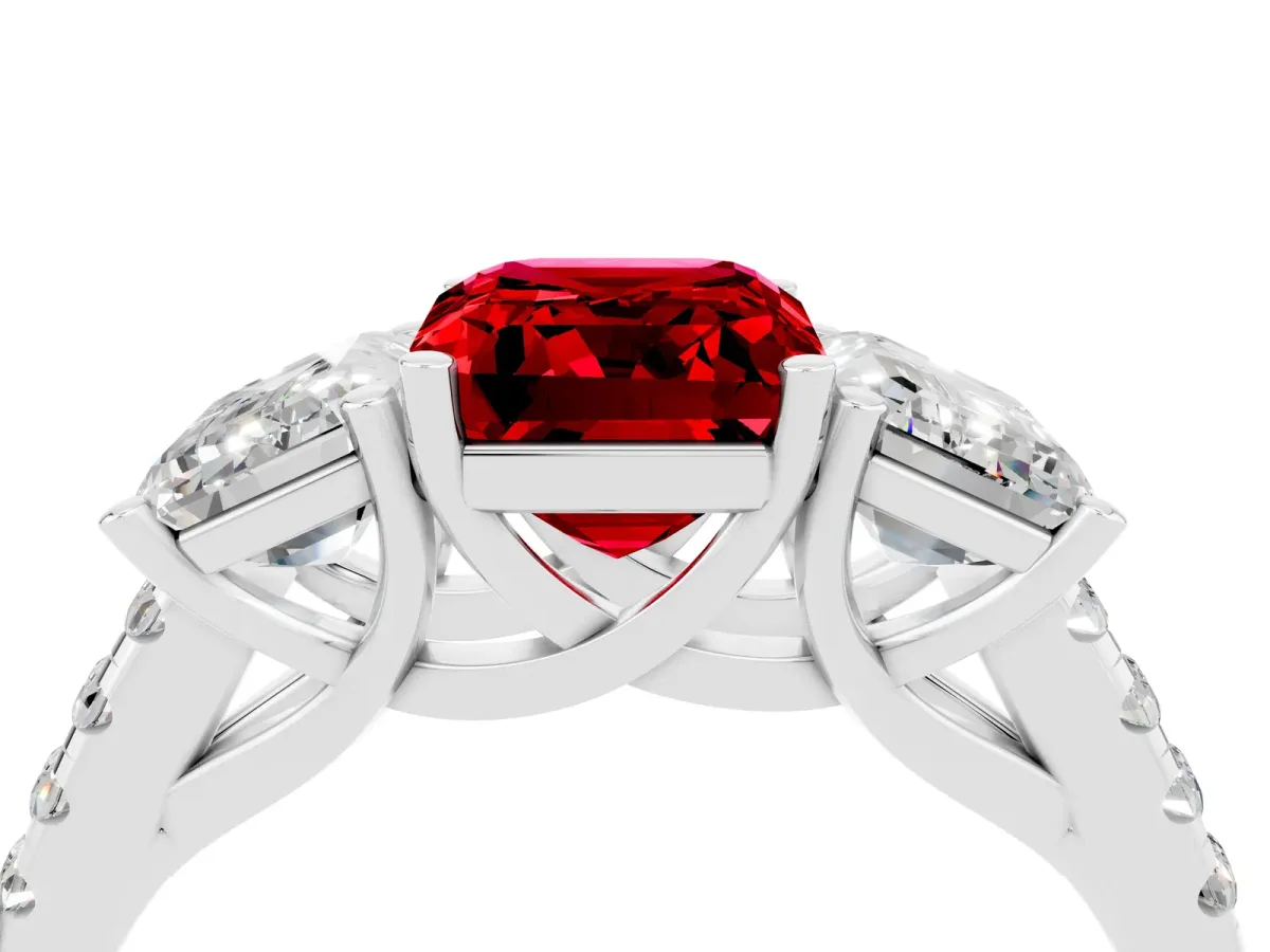Three-Stone Emerald Cut Ruby Ring with Round Pavé Band and Prong Setting White gold