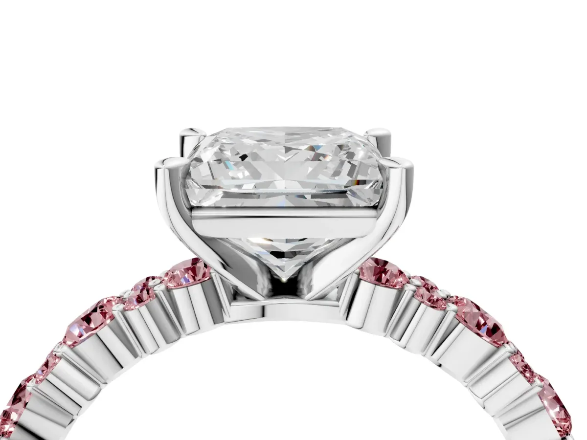 Princess Cut Diamond Side Stone Solitaire Ring with Round Morganite and Four-Prong Setting Silver