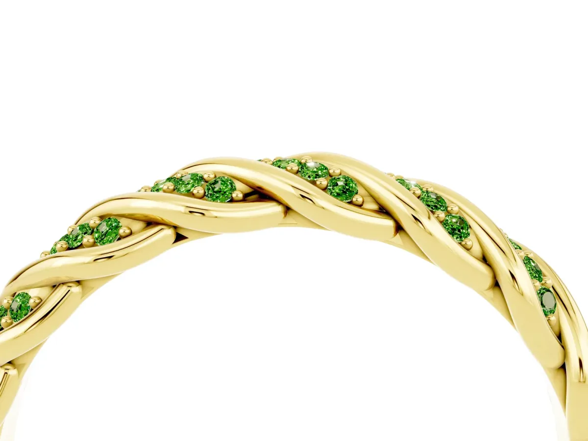 Twisted Pavé Round Peridot Eternity Band with Shared Prong Setting Yellow gold