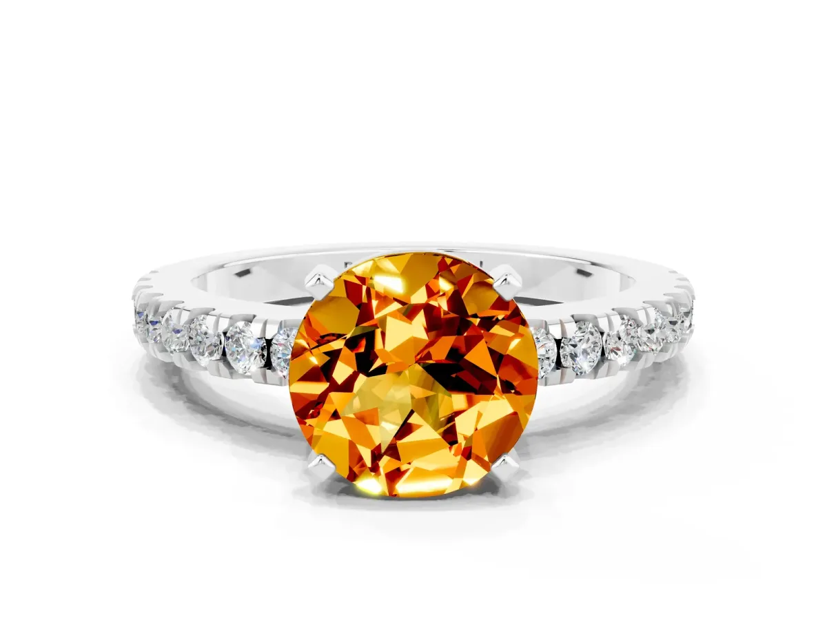 Round Cut Solitaire Citrine with Pavé Band and Four-Prong Setting Silver