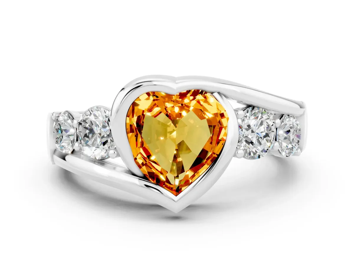 Bezel Set Heart Cut Citrine Bypass Ring with Round Accents Silver