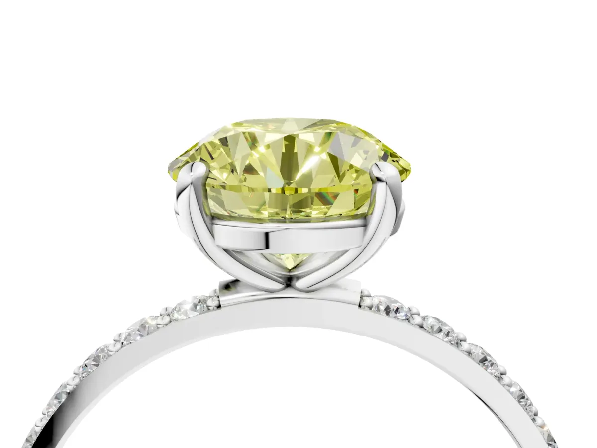Fancy Yellow Round Cut Diamond Solitaire Ring with Round Pavé Band and Prong Setting Silver
