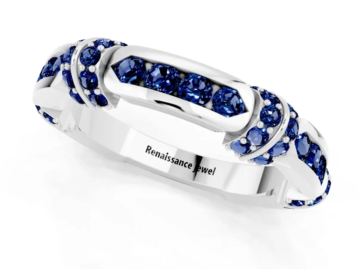Pavé Round Blue Sapphire Link Band with Bezel Setting Platinum