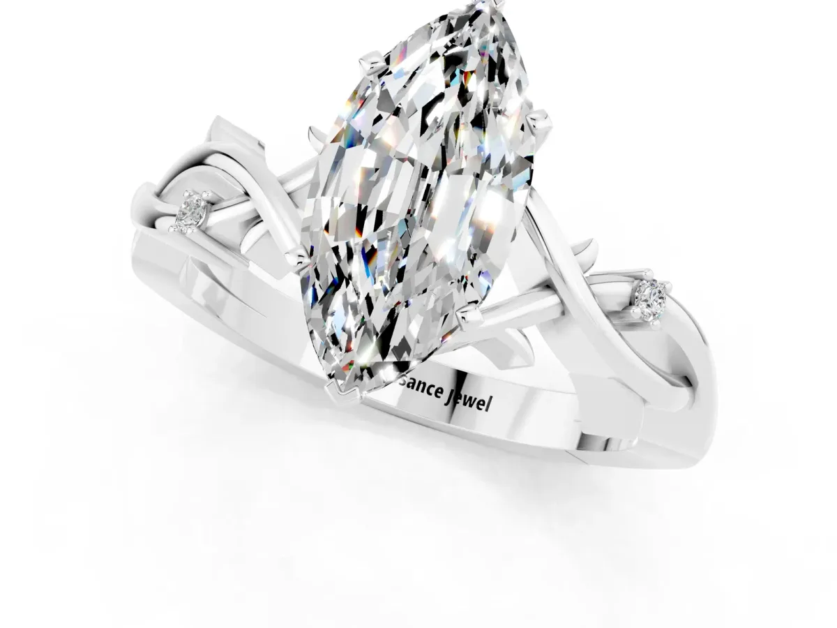 Marquise Cut Moissanite Solitaire Ring with Twisted Band and Prong Setting Silver