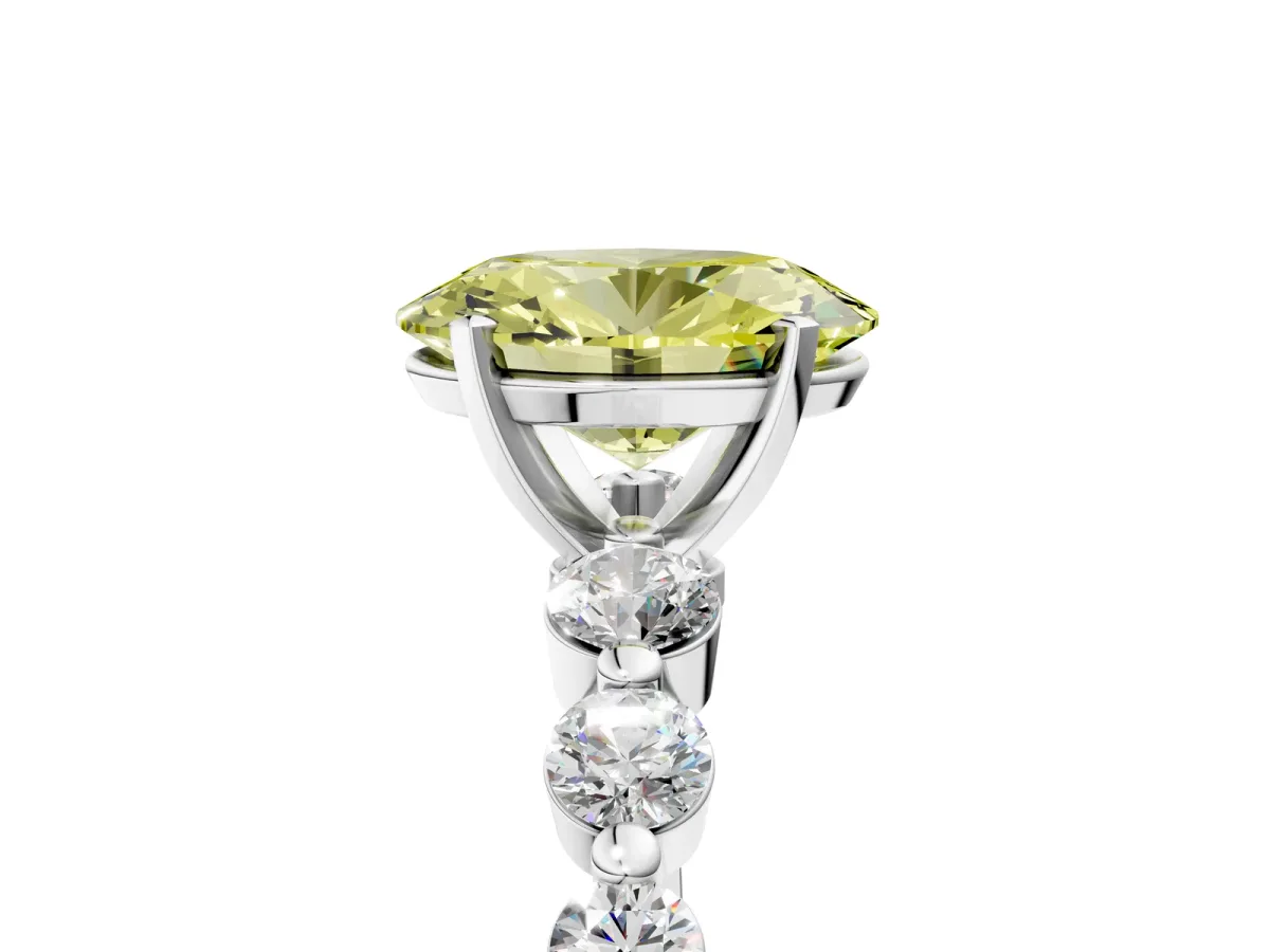 Fancy Yellow Oval Cut Solitaire Diamond Ring with Pave Band and Four-Prong Setting Platinum