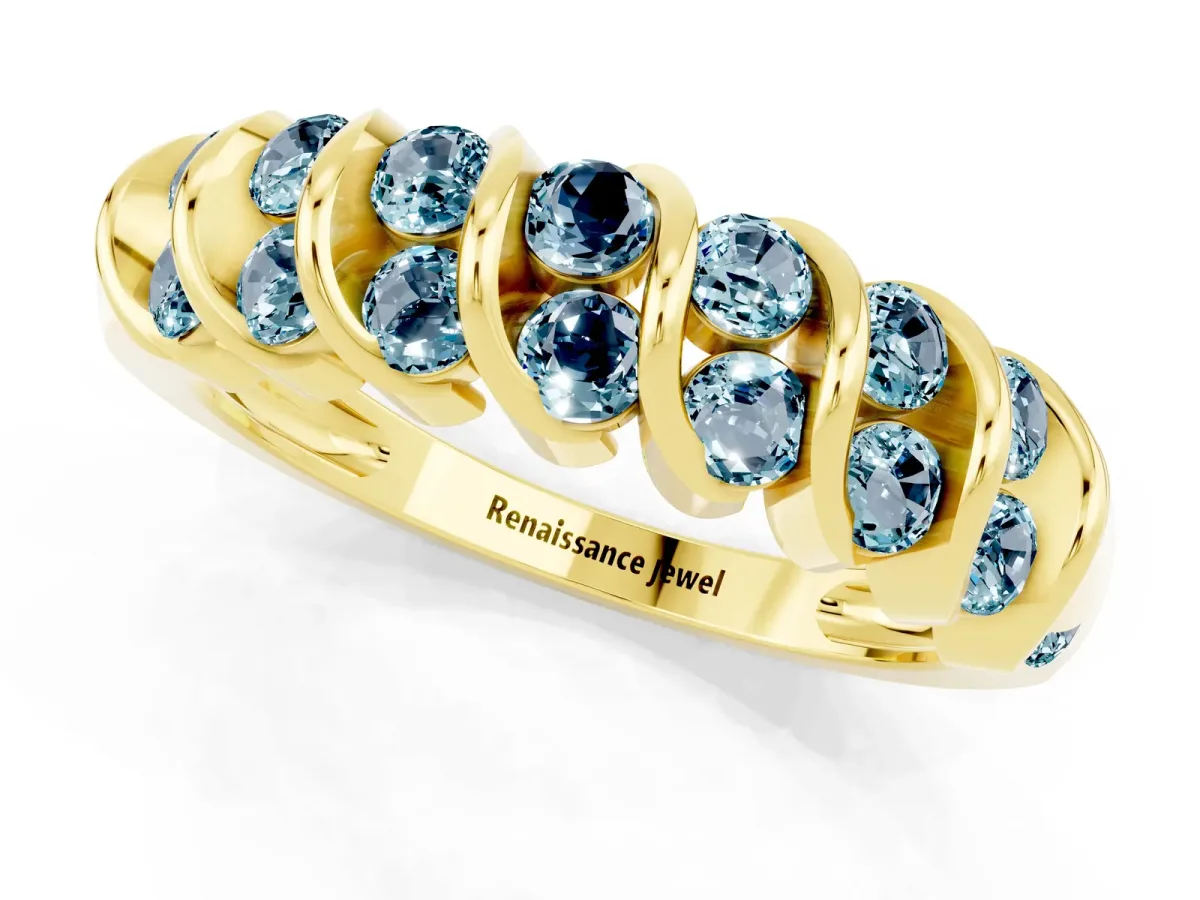 Channel Set Round Aquamarine Multi-Row Band Yellow gold