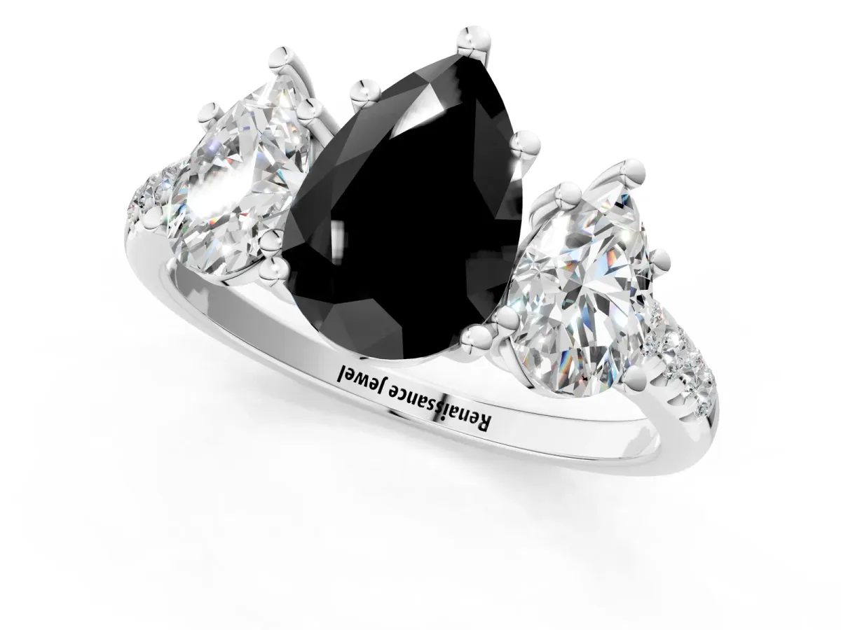 Fancy Black Three-Stone Pear Cut Diamond Ring with Round Pavé Band and Prong Setting Silver