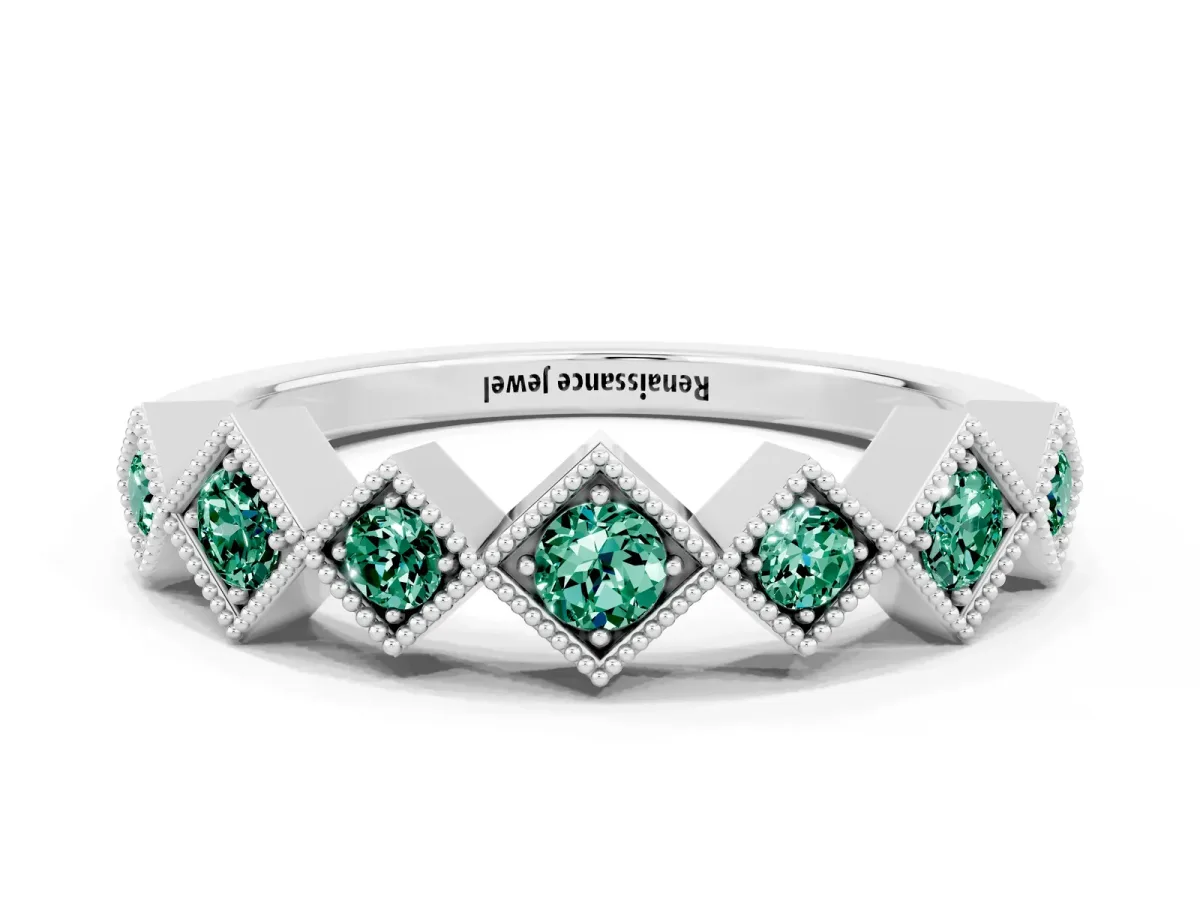 Milgrain Square Bezel Round Green Sapphire Chevron Band Silver