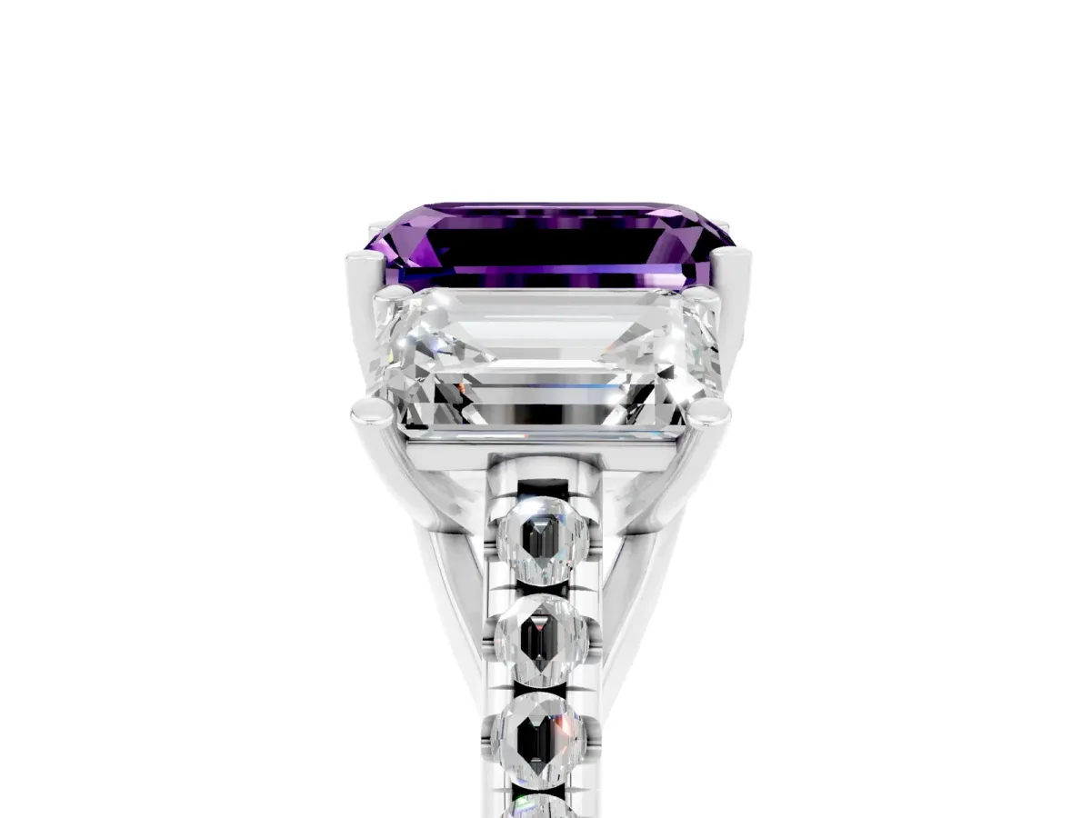 Three-Stone Emerald Cut Amethyst Ring with Round Pavé Band and Prong Setting Platinum