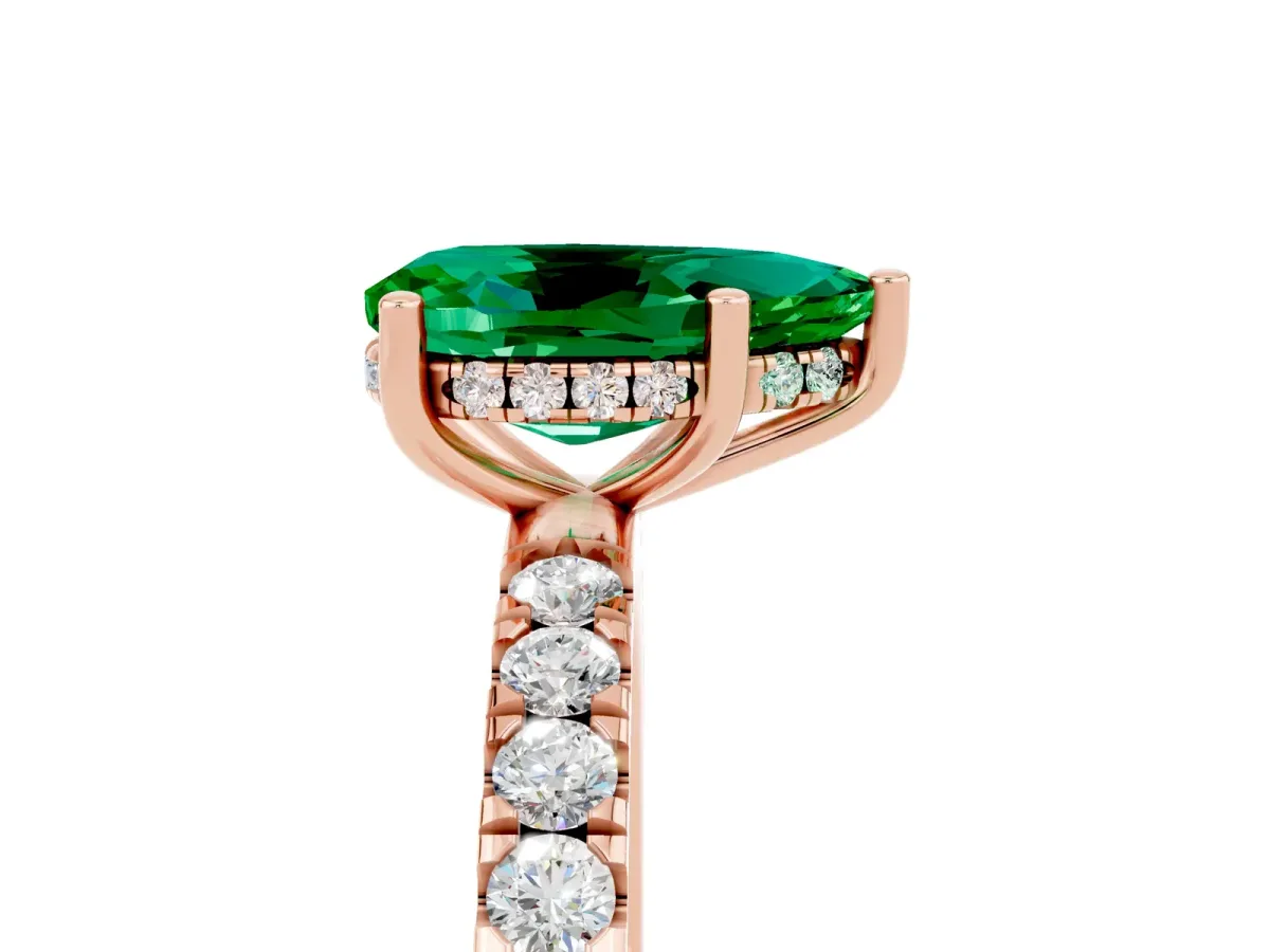 Pear Cut Emerald Pave Band Solitaire Ring with Round and Prong Setting Rose gold