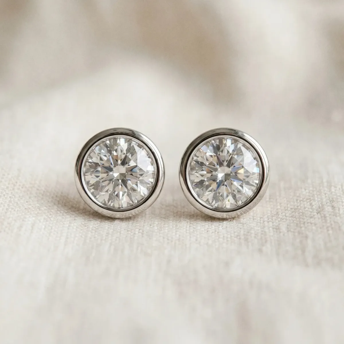 Bezel Set Round Diamond Stud Earrings Silver
