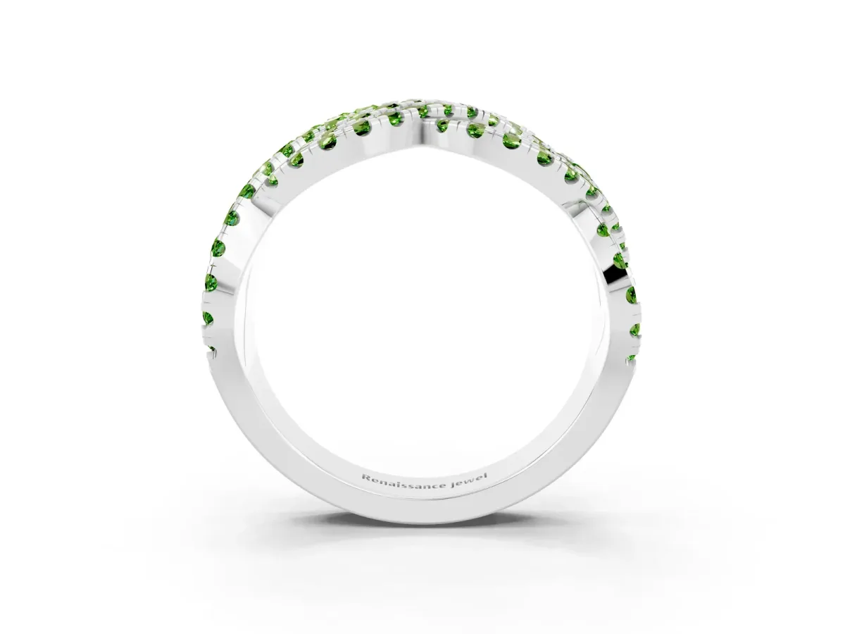 Pavé Round Peridot Infinity Twist Band with Shared Prong Setting Platinum
