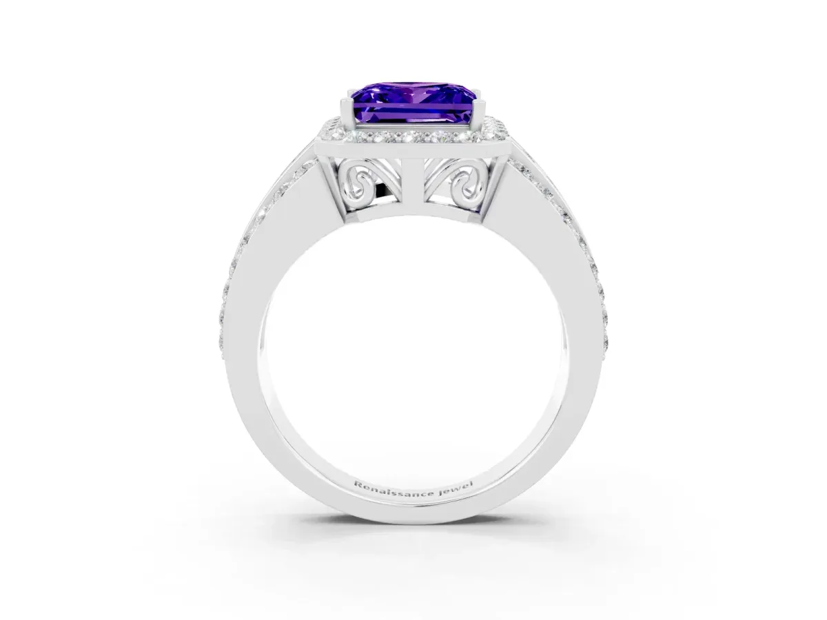 Princess Cut Halo Tanzanite Ring with Round Split Shank and Prong Setting Silver