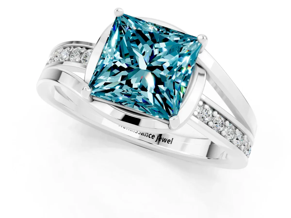 Princess Cut Blue Topaz Solitaire Ring with Split Shank and Prong Setting Platinum